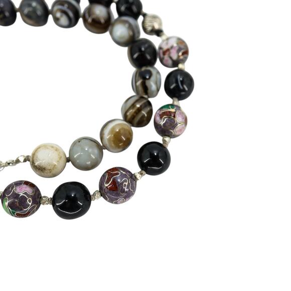 Vintage Style Banded Agate Cloisonne & Sterling Silver Beaded Necklace 24” Boho - Picture 3 of 7